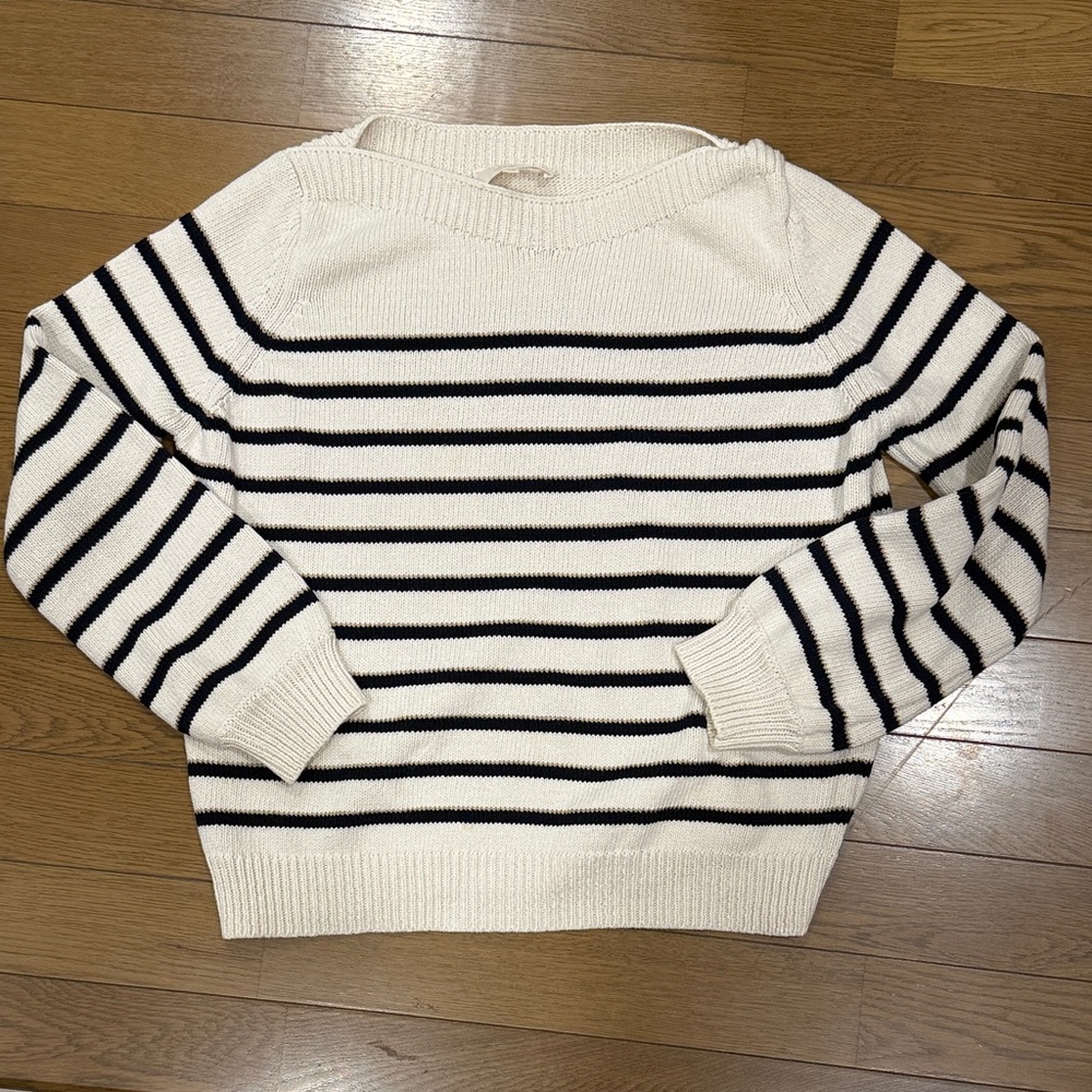 Sézane Cream and Navy Striped Crewneck Sweater